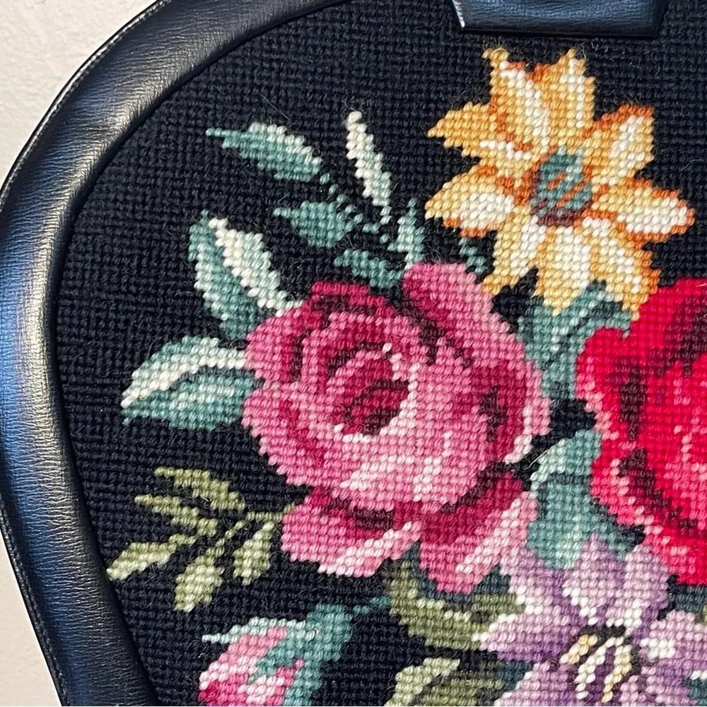 Original by Caprice Vintage Black Leather Floral Needlepoint Tapestry Handbag